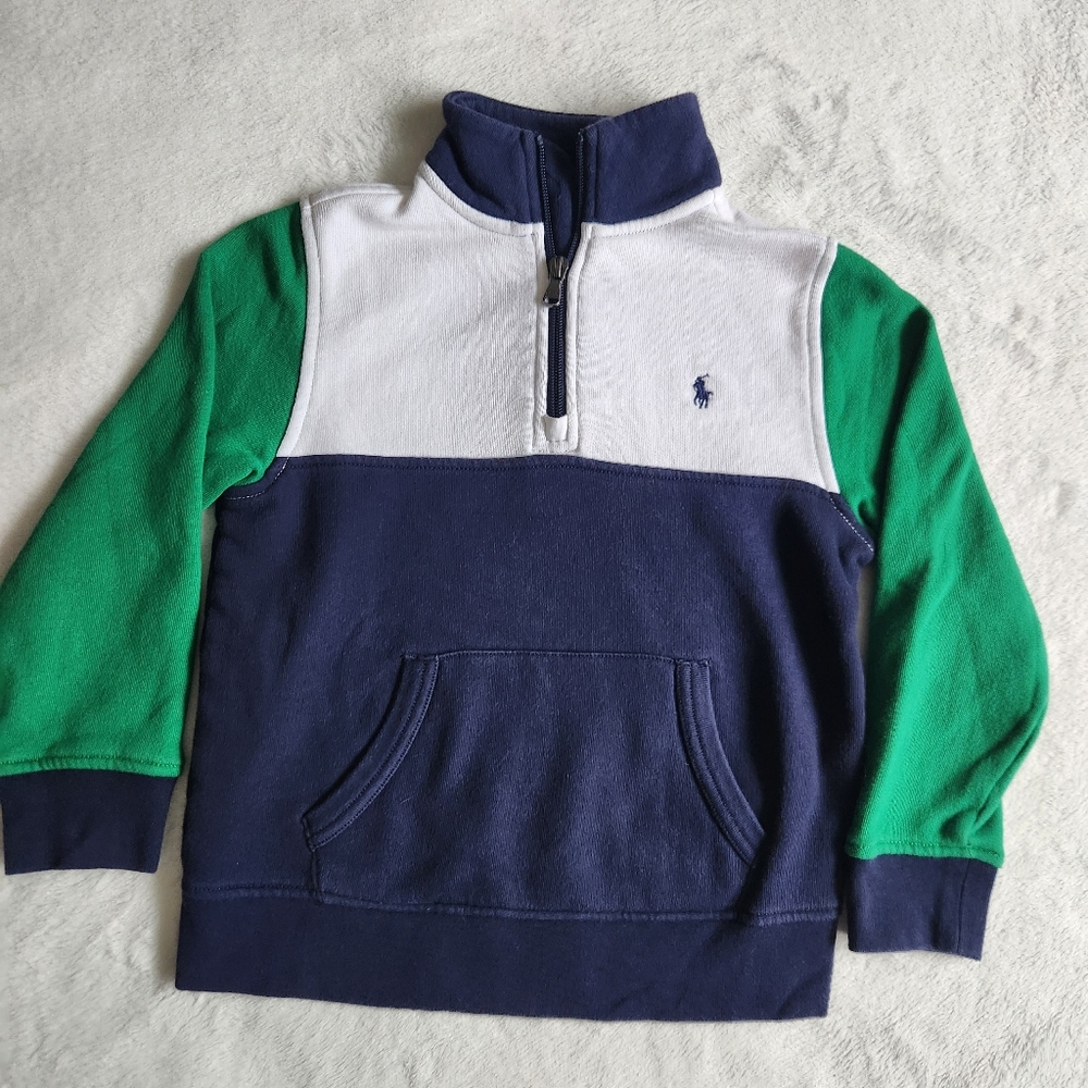 Polo Ralph Lauren Sweatshirt Quarter Zip Green Navy‎ White Boys Sz 5